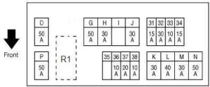 Diagramme des fusibles E213 du compartiment moteur pour Infiniti FX35 S51.