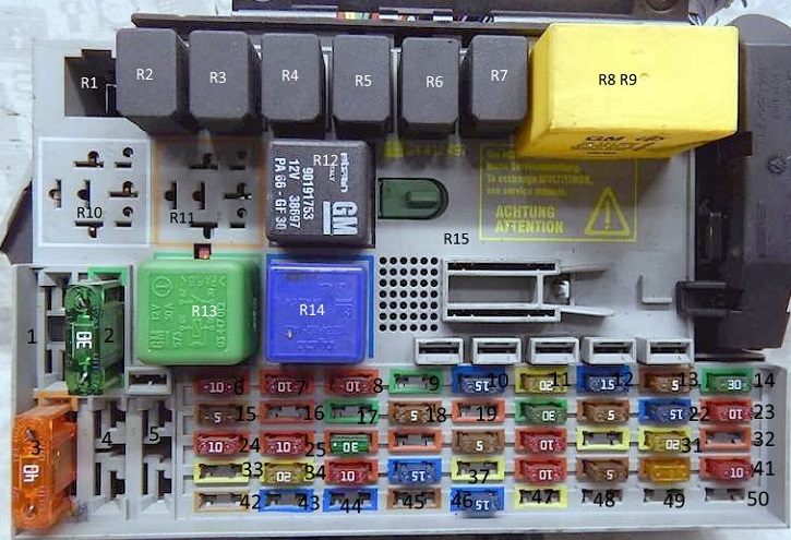 Schéma détaillé de la boîte à fusibles pour Opel Astra G (modèles 2001 et ultérieurs).
