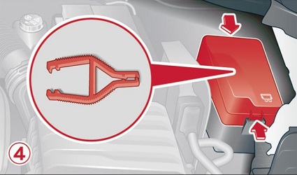 Boîte à fusibles du compartiment moteur pour désactiver l'airbag passager.