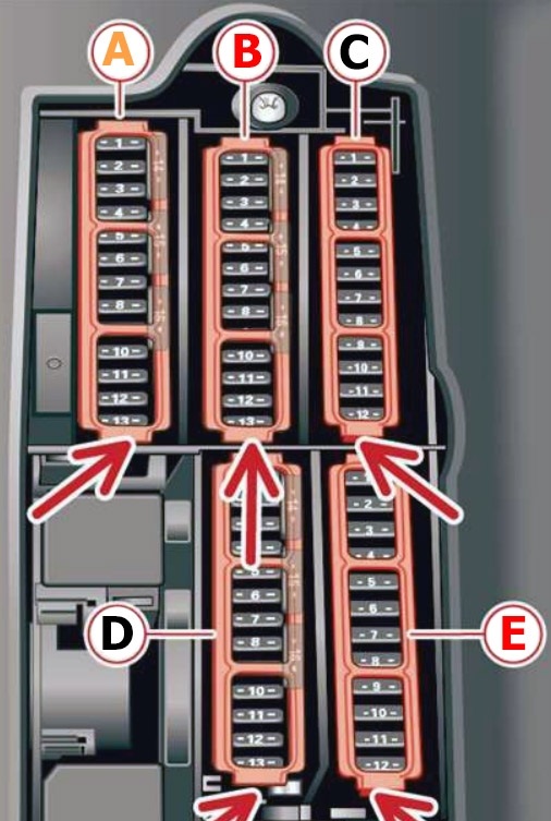 Diagramme de la boîte à fusibles du repose-pieds pour véhicules avec volant à gauche.