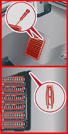 Panneau de fusibles du compartiment à bagages derrière le panneau décoratif.