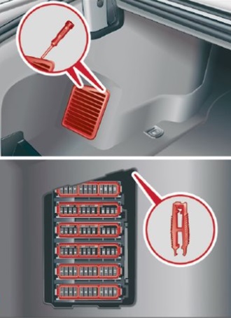 Emplacement de la boîte à fusibles latérale du compartiment à bagages.