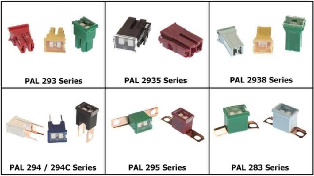 Variété de fusibles PAL à pattes courtes et longues pour montage par connecteur ou vis.