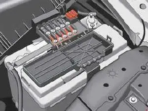 Boîte à fusibles dans le compartiment moteur, positionnée au-dessus de la batterie.