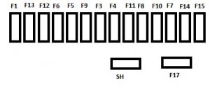 Schéma détaillé de la boîte à fusibles F9 de la Citroën C3 Picasso.