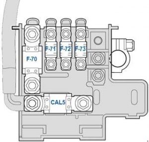 Schéma des fusibles et relais situés dans le compartiment batterie de la 458 Speciale.