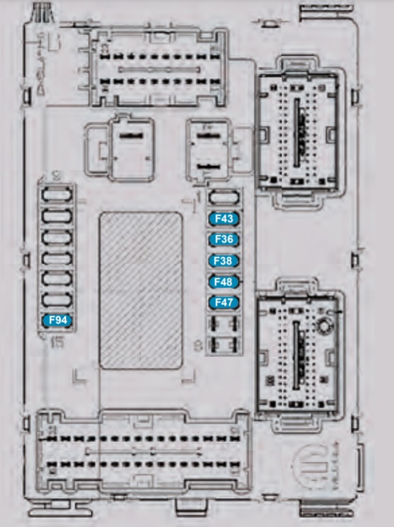 Vue détaillée de la boîte à fusibles du tableau de bord Fiat 500 (2020-2021).