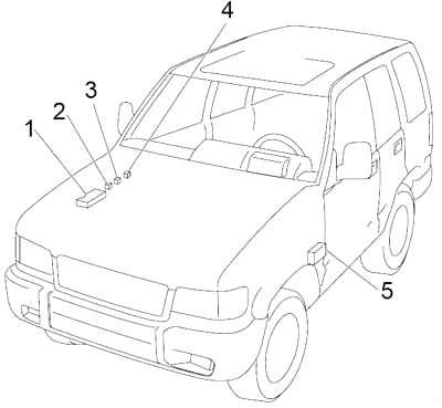 Schéma détaillé des fusibles et relais pour Isuzu Trooper (1991-2002).