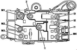 Vue de dessus de la boîte à fusibles préliminaire du compartiment moteur.