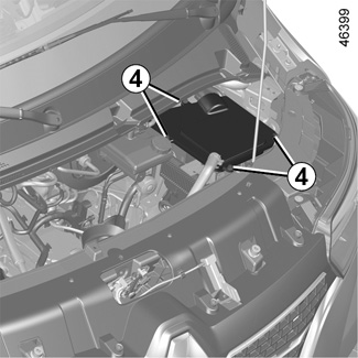 Retrait de la vis 2 et du réservoir de liquide de refroidissement 3 pour accéder aux fusibles.