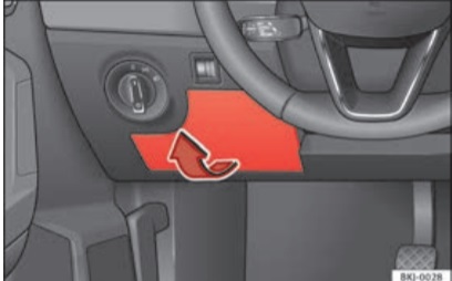 Emplacement de la boîte à fusibles du moteur, derrière le panneau du tableau de bord.