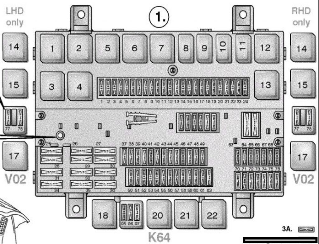 Schéma détaillé des fusibles à lame et des relais de l'unité de distribution électrique.