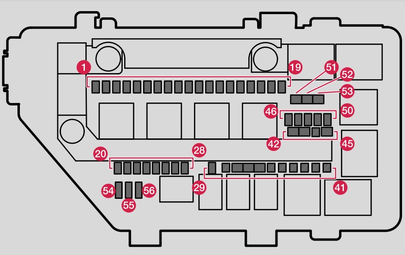 Schéma détaillé des fusibles du compartiment moteur Volvo XC40.